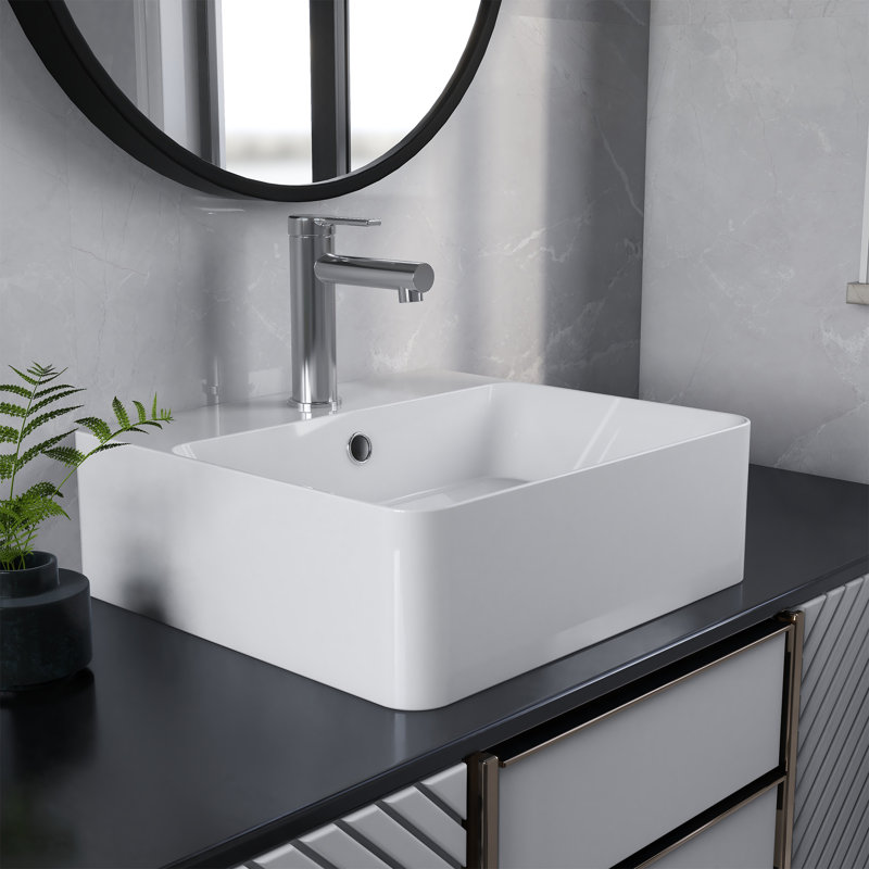 DeerValley White Ceramic Rectangular Vessel Bathroom Sink with Overflow